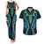 Aotearoa Pounamu Niho Couples Matching Tank Maxi Dress and Hawaiian Shirt Silver Fern Mix Maori Pattern - Turquoise