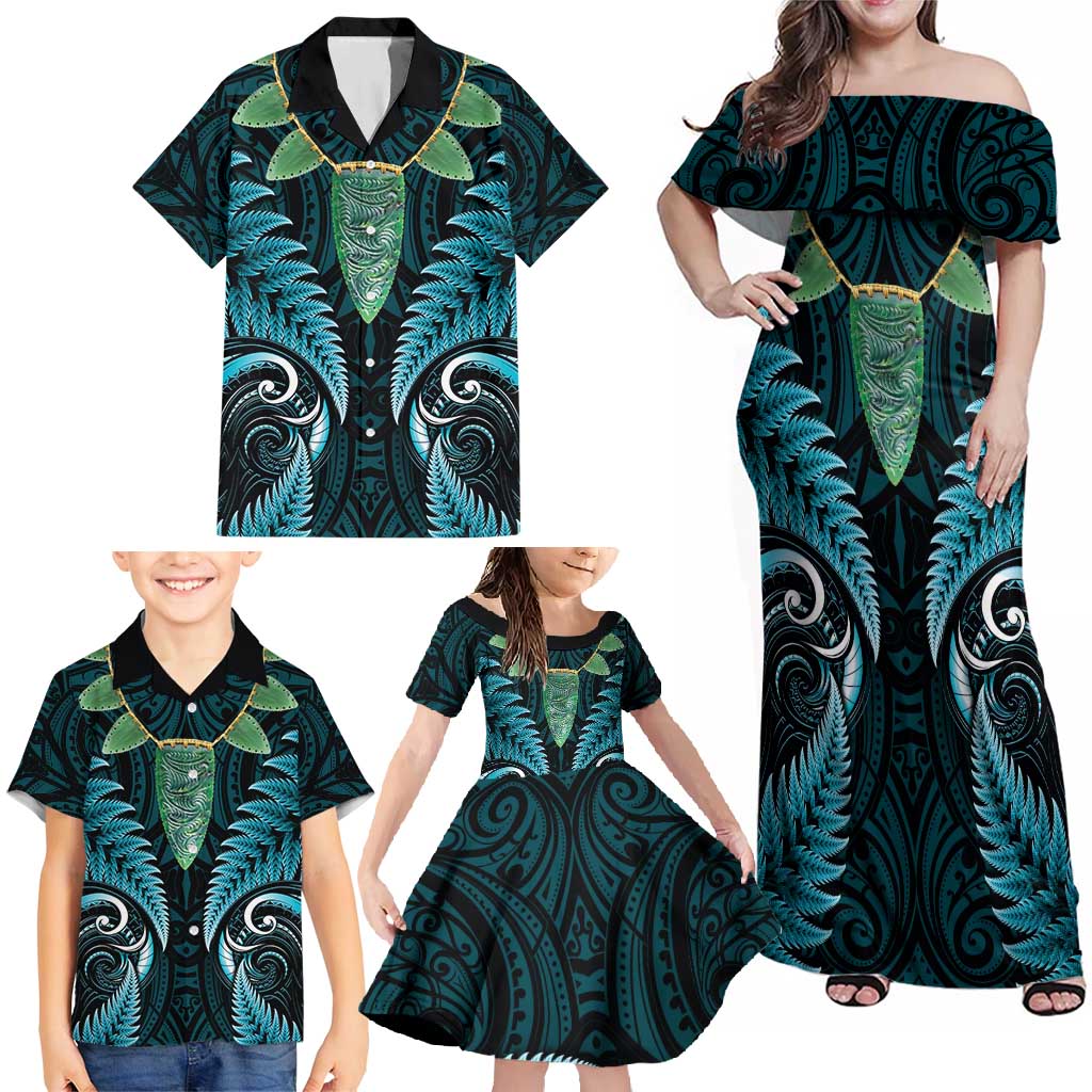 Aotearoa Pounamu Niho Family Matching Off Shoulder Maxi Dress and Hawaiian Shirt Silver Fern Mix Maori Pattern - Turquoise LT14 - Polynesian Pride