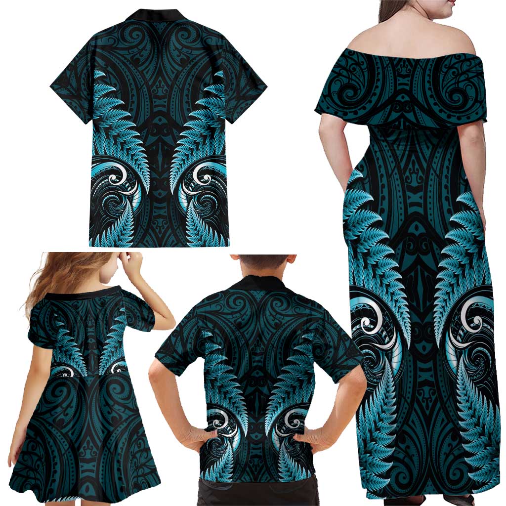Aotearoa Pounamu Niho Family Matching Off Shoulder Maxi Dress and Hawaiian Shirt Silver Fern Mix Maori Pattern - Turquoise LT14 - Polynesian Pride