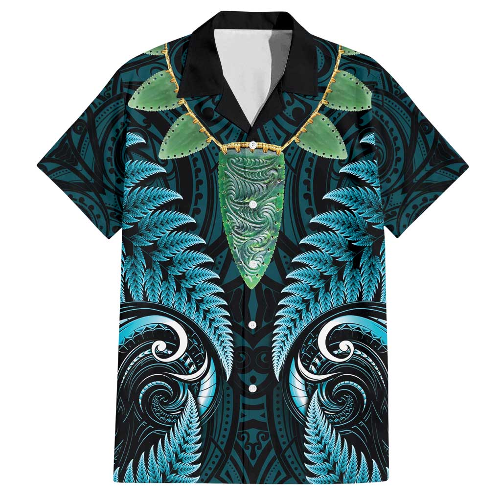 Aotearoa Pounamu Niho Family Matching Off Shoulder Maxi Dress and Hawaiian Shirt Silver Fern Mix Maori Pattern - Turquoise LT14 Dad's Shirt - Short Sleeve Turquoise - Polynesian Pride