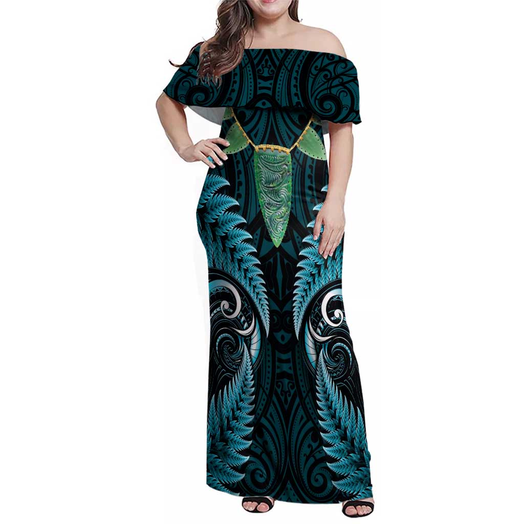 Aotearoa Pounamu Niho Family Matching Off Shoulder Maxi Dress and Hawaiian Shirt Silver Fern Mix Maori Pattern - Turquoise LT14 Mom's Dress Turquoise - Polynesian Pride