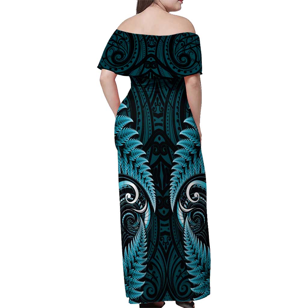 Aotearoa Pounamu Niho Family Matching Off Shoulder Maxi Dress and Hawaiian Shirt Silver Fern Mix Maori Pattern - Turquoise LT14 - Polynesian Pride