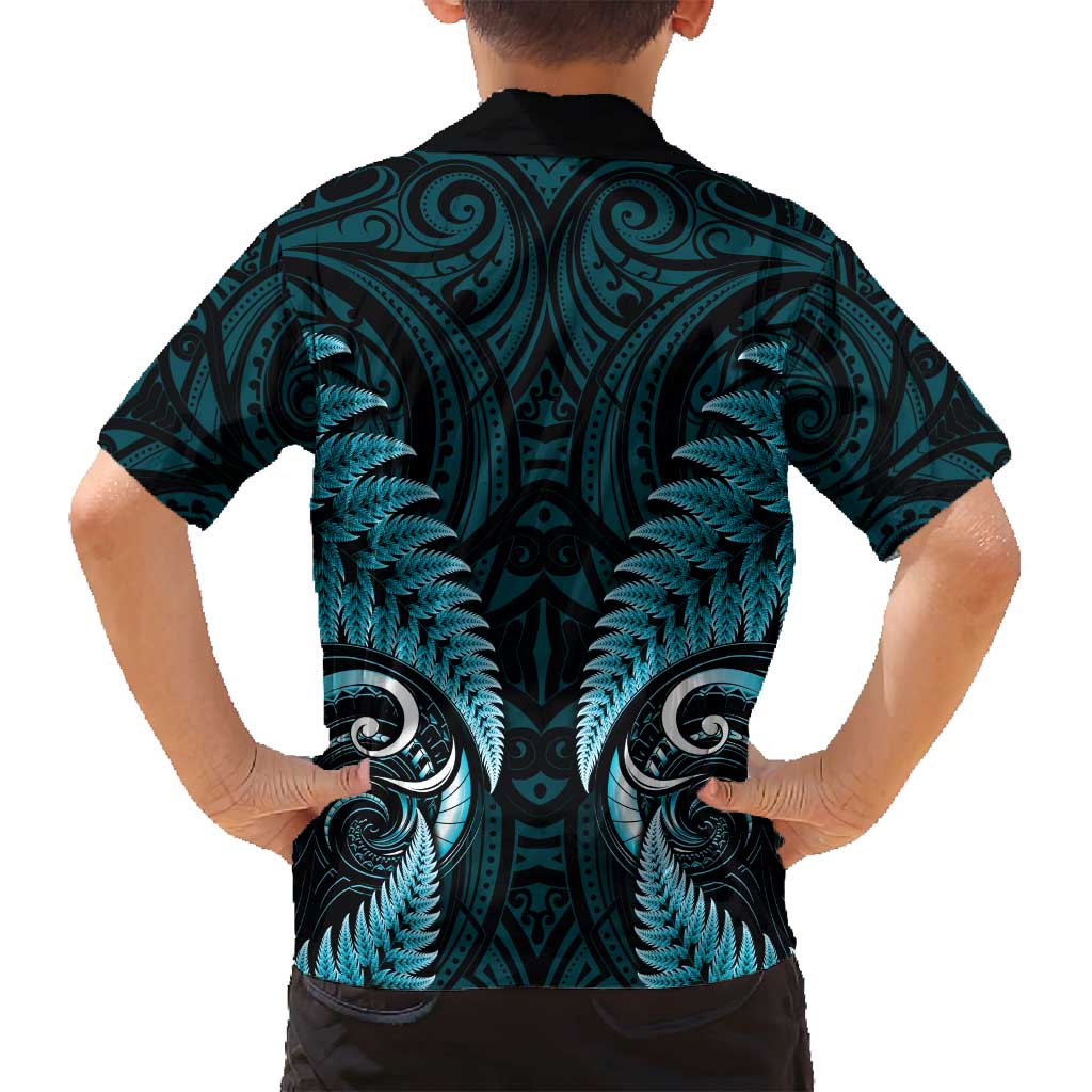 Aotearoa Pounamu Niho Family Matching Off Shoulder Short Dress and Hawaiian Shirt Silver Fern Mix Maori Pattern - Turquoise LT14 - Polynesian Pride