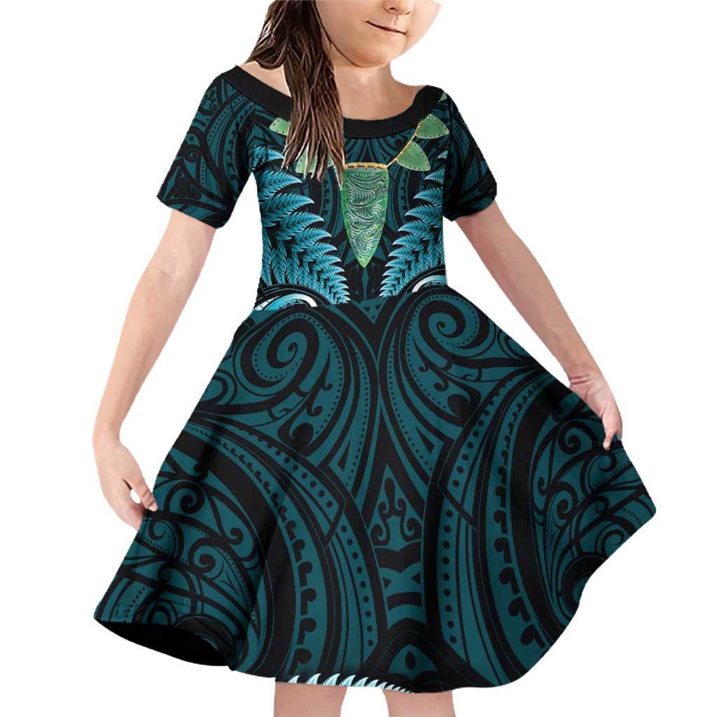 Aotearoa Pounamu Niho Family Matching Off Shoulder Short Dress and Hawaiian Shirt Silver Fern Mix Maori Pattern - Turquoise LT14 Daughter's Dress Turquoise - Polynesian Pride