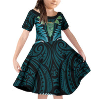 Aotearoa Pounamu Niho Family Matching Off Shoulder Short Dress and Hawaiian Shirt Silver Fern Mix Maori Pattern - Turquoise LT14 Daughter's Dress Turquoise - Polynesian Pride
