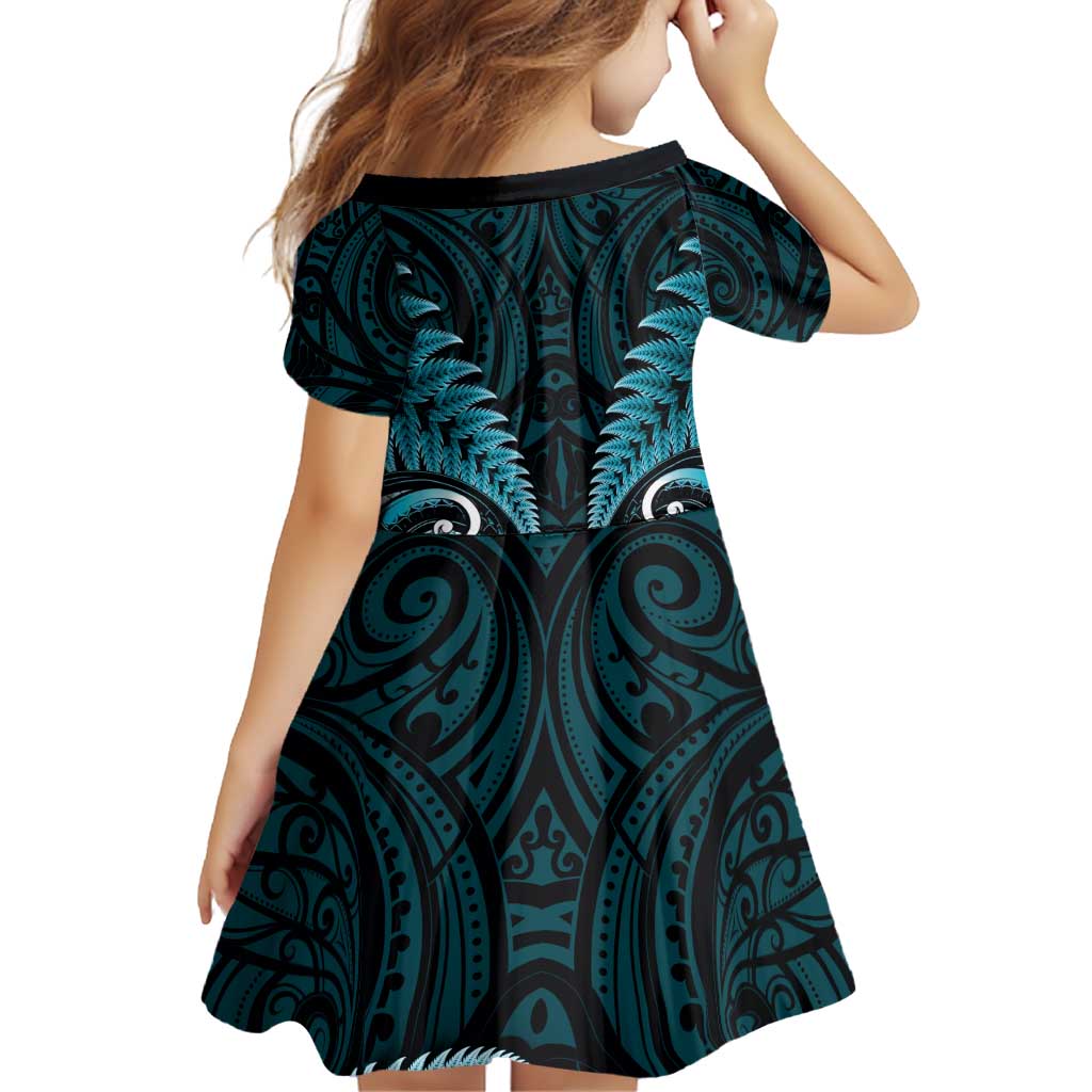 Aotearoa Pounamu Niho Family Matching Off Shoulder Short Dress and Hawaiian Shirt Silver Fern Mix Maori Pattern - Turquoise LT14 - Polynesian Pride