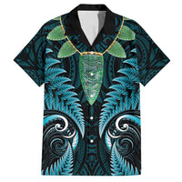 Aotearoa Pounamu Niho Family Matching Off Shoulder Short Dress and Hawaiian Shirt Silver Fern Mix Maori Pattern - Turquoise LT14 Dad's Shirt - Short Sleeve Turquoise - Polynesian Pride