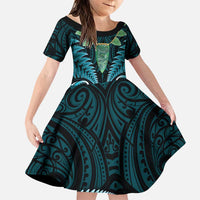 Aotearoa Pounamu Niho Family Matching Puletasi and Hawaiian Shirt Silver Fern Mix Maori Pattern - Turquoise LT14 Daughter's Dress Turquoise - Polynesian Pride