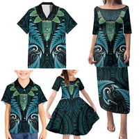 Aotearoa Pounamu Niho Family Matching Puletasi and Hawaiian Shirt Silver Fern Mix Maori Pattern - Turquoise LT14 - Polynesian Pride