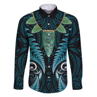 Aotearoa Pounamu Niho Family Matching Puletasi and Hawaiian Shirt Silver Fern Mix Maori Pattern - Turquoise LT14 Dad's Shirt - Long Sleeve Turquoise - Polynesian Pride