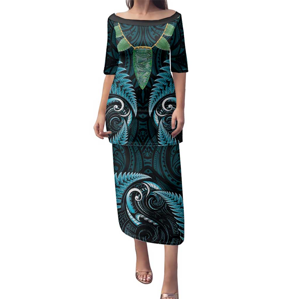 Aotearoa Pounamu Niho Family Matching Puletasi and Hawaiian Shirt Silver Fern Mix Maori Pattern - Turquoise LT14 Mom's Dress Turquoise - Polynesian Pride