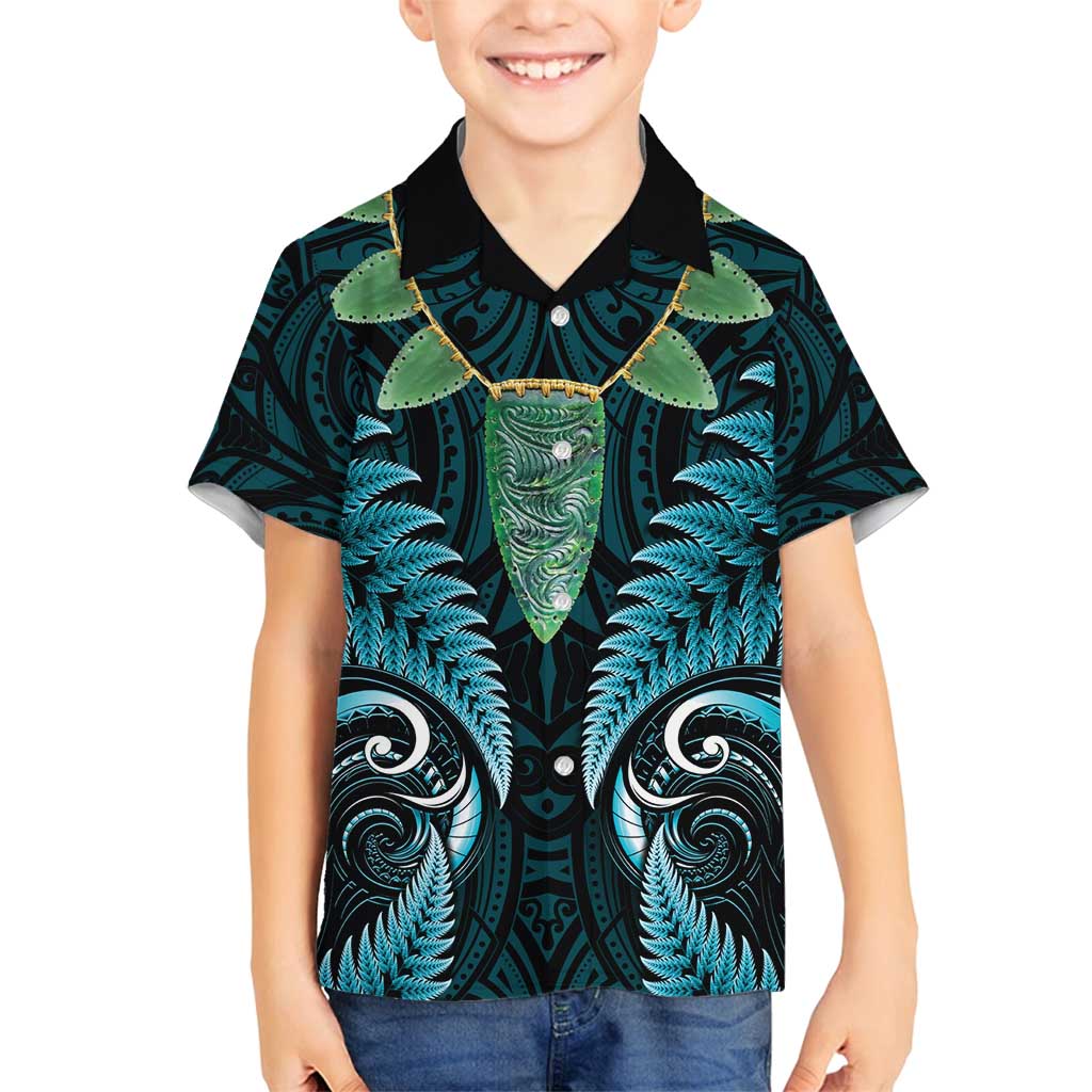 Aotearoa Pounamu Niho Family Matching Puletasi and Hawaiian Shirt Silver Fern Mix Maori Pattern - Turquoise LT14 Son's Shirt Turquoise - Polynesian Pride