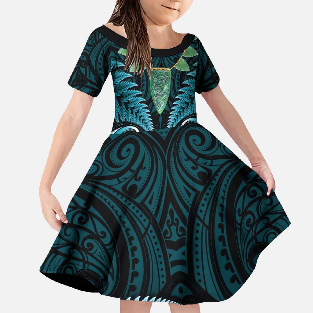 Aotearoa Pounamu Niho Family Matching Summer Maxi Dress and Hawaiian Shirt Silver Fern Mix Maori Pattern - Turquoise LT14 Daughter's Dress Turquoise - Polynesian Pride