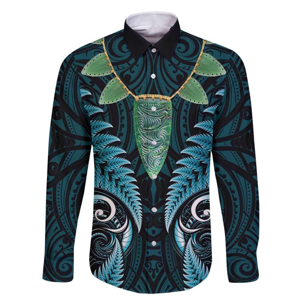 Aotearoa Pounamu Niho Family Matching Summer Maxi Dress and Hawaiian Shirt Silver Fern Mix Maori Pattern - Turquoise LT14 Dad's Shirt - Long Sleeve Turquoise - Polynesian Pride