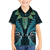 Aotearoa Pounamu Niho Family Matching Summer Maxi Dress and Hawaiian Shirt Silver Fern Mix Maori Pattern - Turquoise LT14 Son's Shirt Turquoise - Polynesian Pride