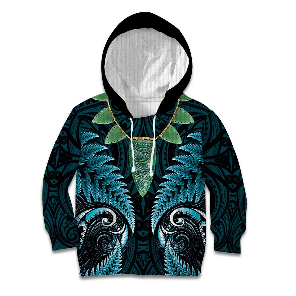 Aotearoa Pounamu Niho Kid Hoodie Silver Fern Mix Maori Pattern - Turquoise