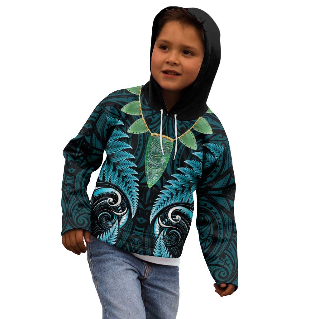 Aotearoa Pounamu Niho Kid Hoodie Silver Fern Mix Maori Pattern - Turquoise