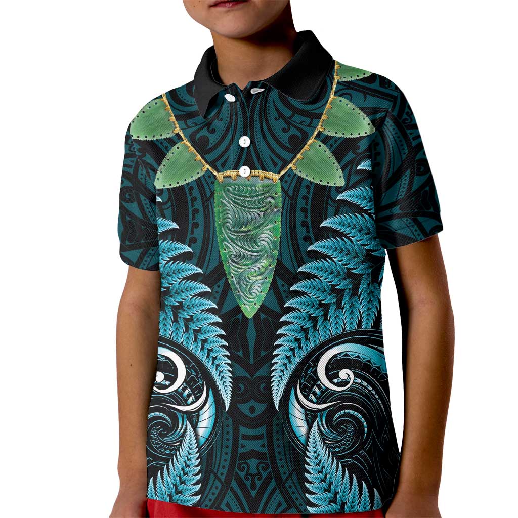 Aotearoa Pounamu Niho Kid Polo Shirt Silver Fern Mix Maori Pattern - Turquoise