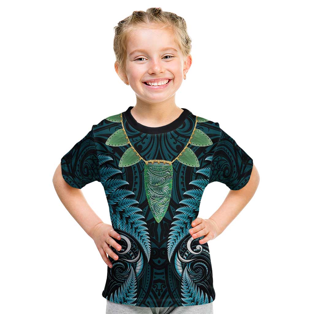 Aotearoa Pounamu Niho Kid T Shirt Silver Fern Mix Maori Pattern - Turquoise LT14 Turquoise - Polynesian Pride