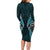 Aotearoa Pounamu Niho Long Sleeve Bodycon Dress Silver Fern Mix Maori Pattern - Turquoise