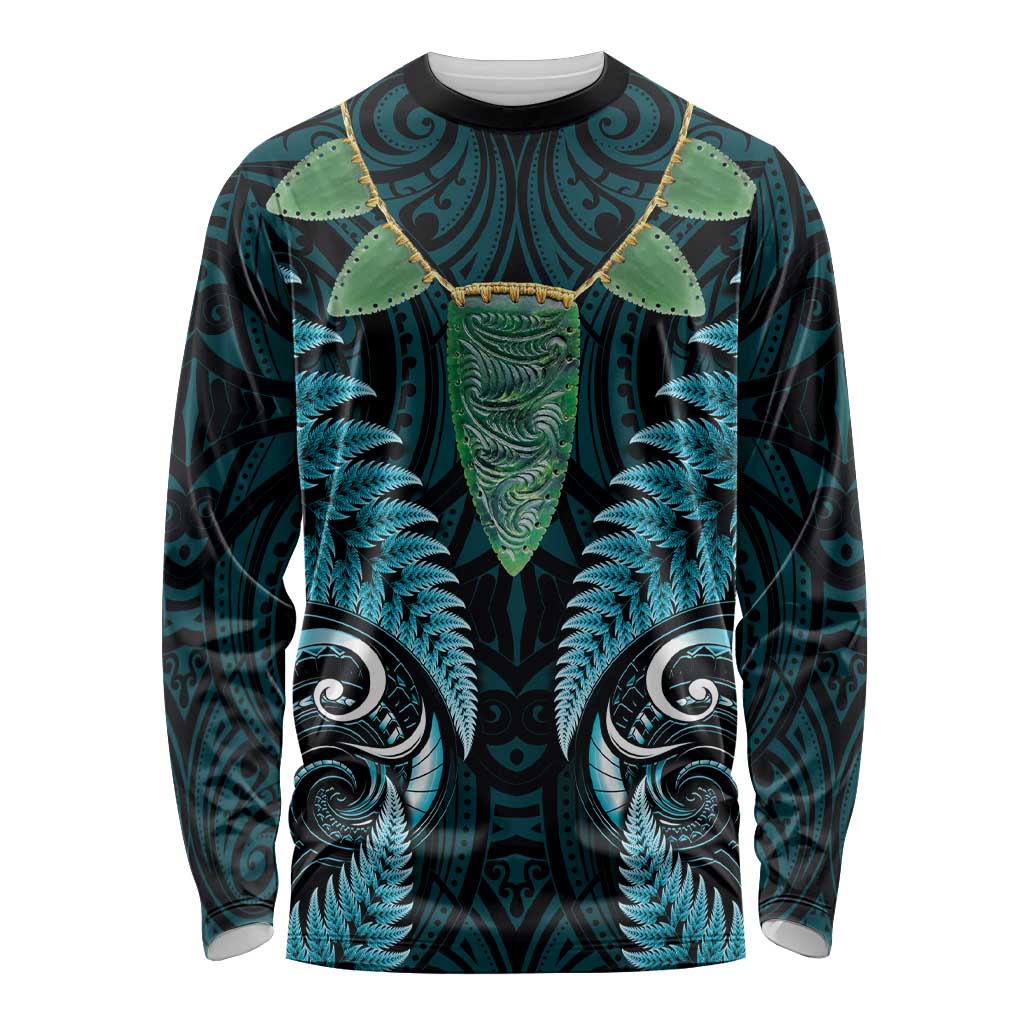 Aotearoa Pounamu Niho Long Sleeve Shirt Silver Fern Mix Maori Pattern - Turquoise