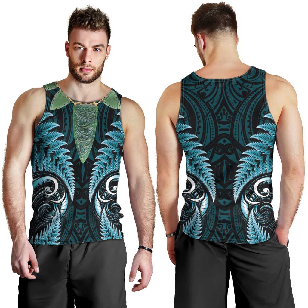 Aotearoa Pounamu Niho Men Tank Top Silver Fern Mix Maori Pattern - Turquoise