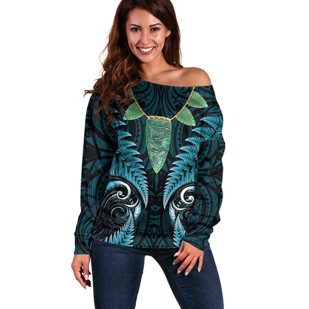 Aotearoa Pounamu Niho Off Shoulder Sweater Silver Fern Mix Maori Pattern - Turquoise