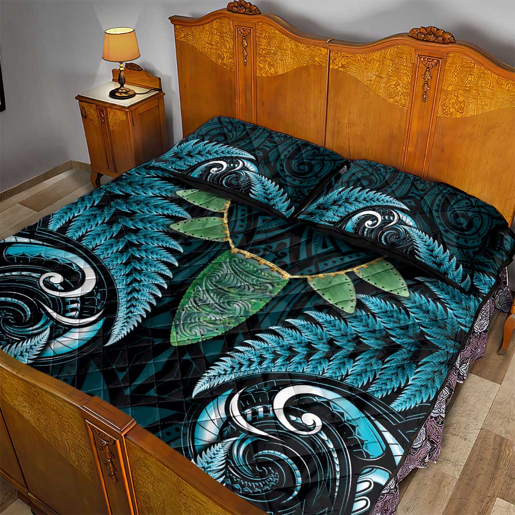 Aotearoa Pounamu Niho Quilt Bed Set Silver Fern Mix Maori Pattern - Turquoise