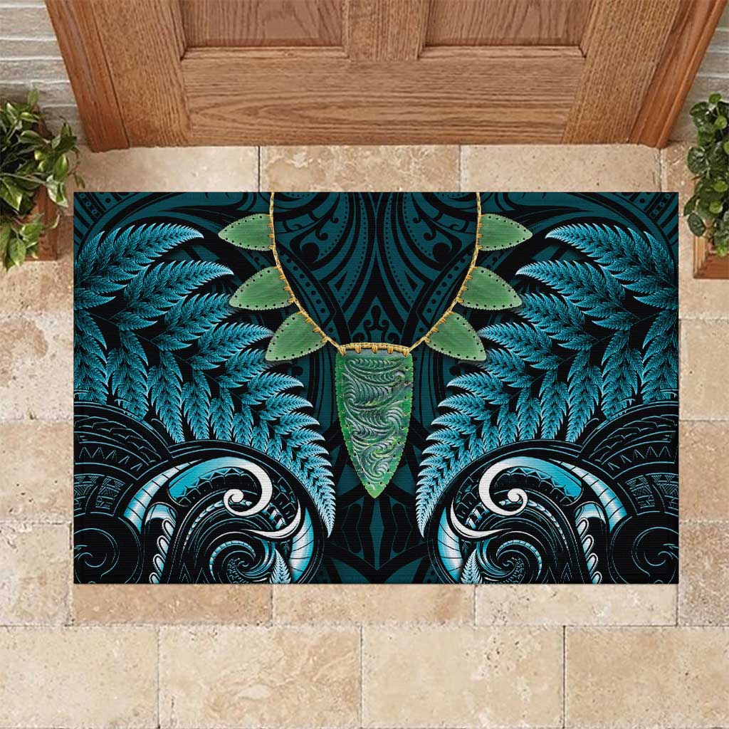 Aotearoa Pounamu Niho Rubber Doormat Silver Fern Mix Maori Pattern - Turquoise