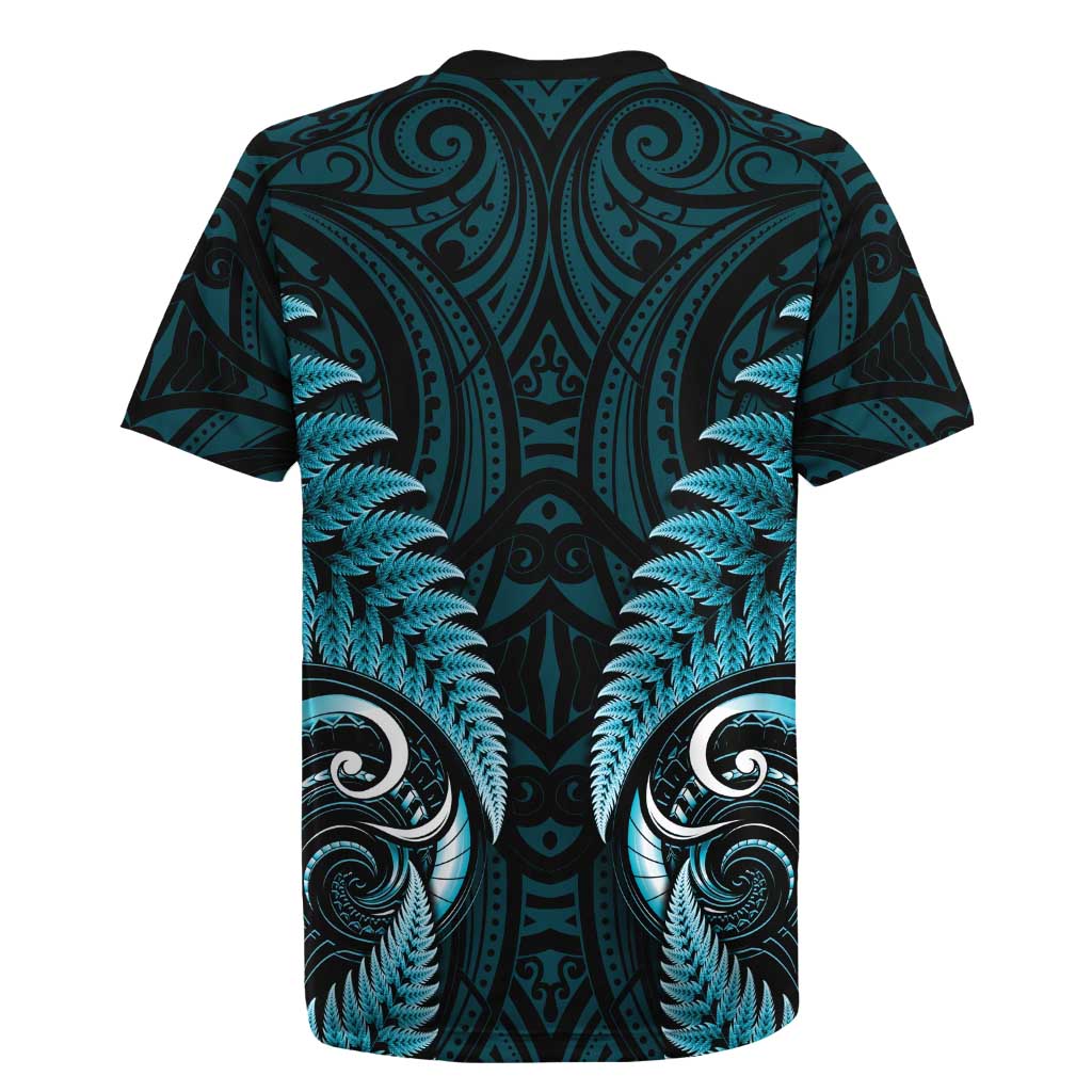 Aotearoa Pounamu Niho Rugby Jersey Silver Fern Mix Maori Pattern - Turquoise