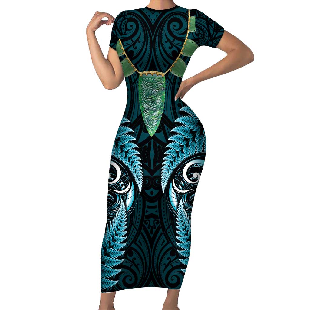 Aotearoa Pounamu Niho Short Sleeve Bodycon Dress Silver Fern Mix Maori Pattern - Turquoise