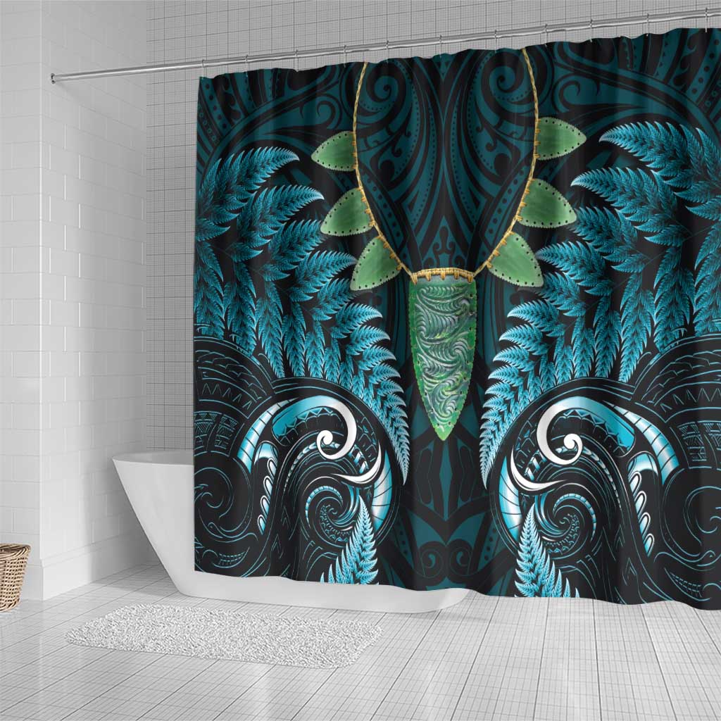Aotearoa Pounamu Niho Shower Curtain Silver Fern Mix Maori Pattern - Turquoise LT14 - Polynesian Pride