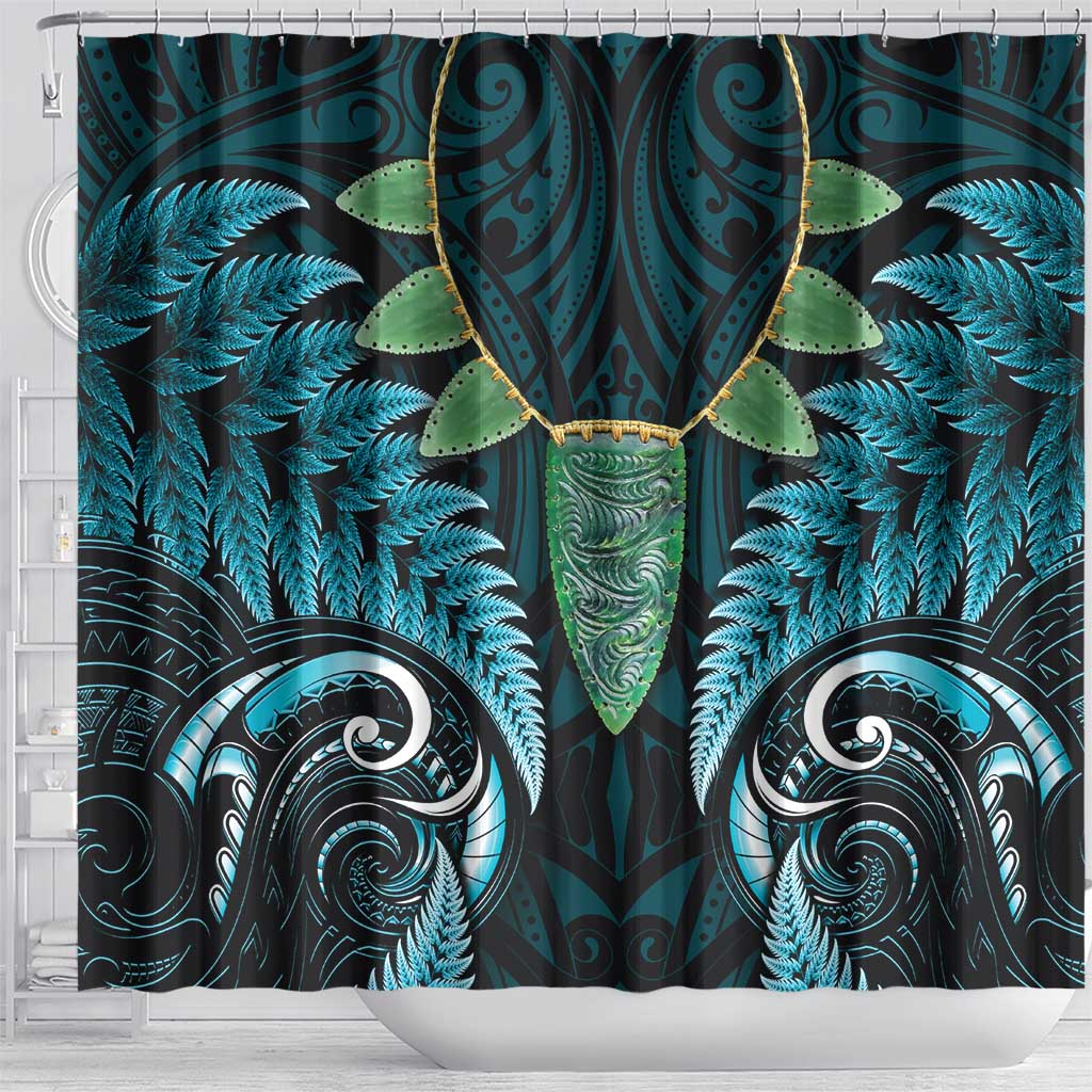 Aotearoa Pounamu Niho Shower Curtain Silver Fern Mix Maori Pattern - Turquoise LT14 - Polynesian Pride
