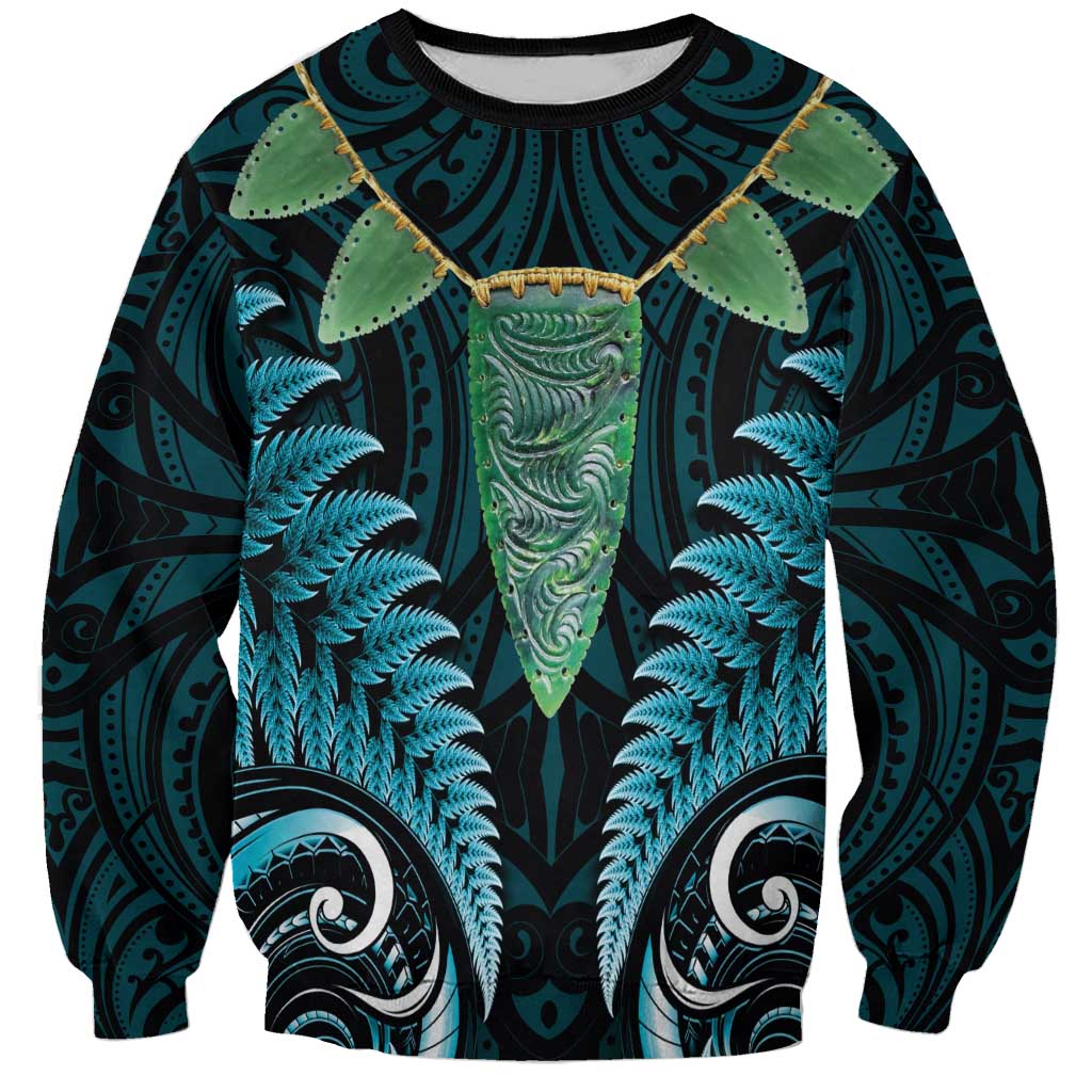 Aotearoa Pounamu Niho Sweatshirt Silver Fern Mix Maori Pattern - Turquoise