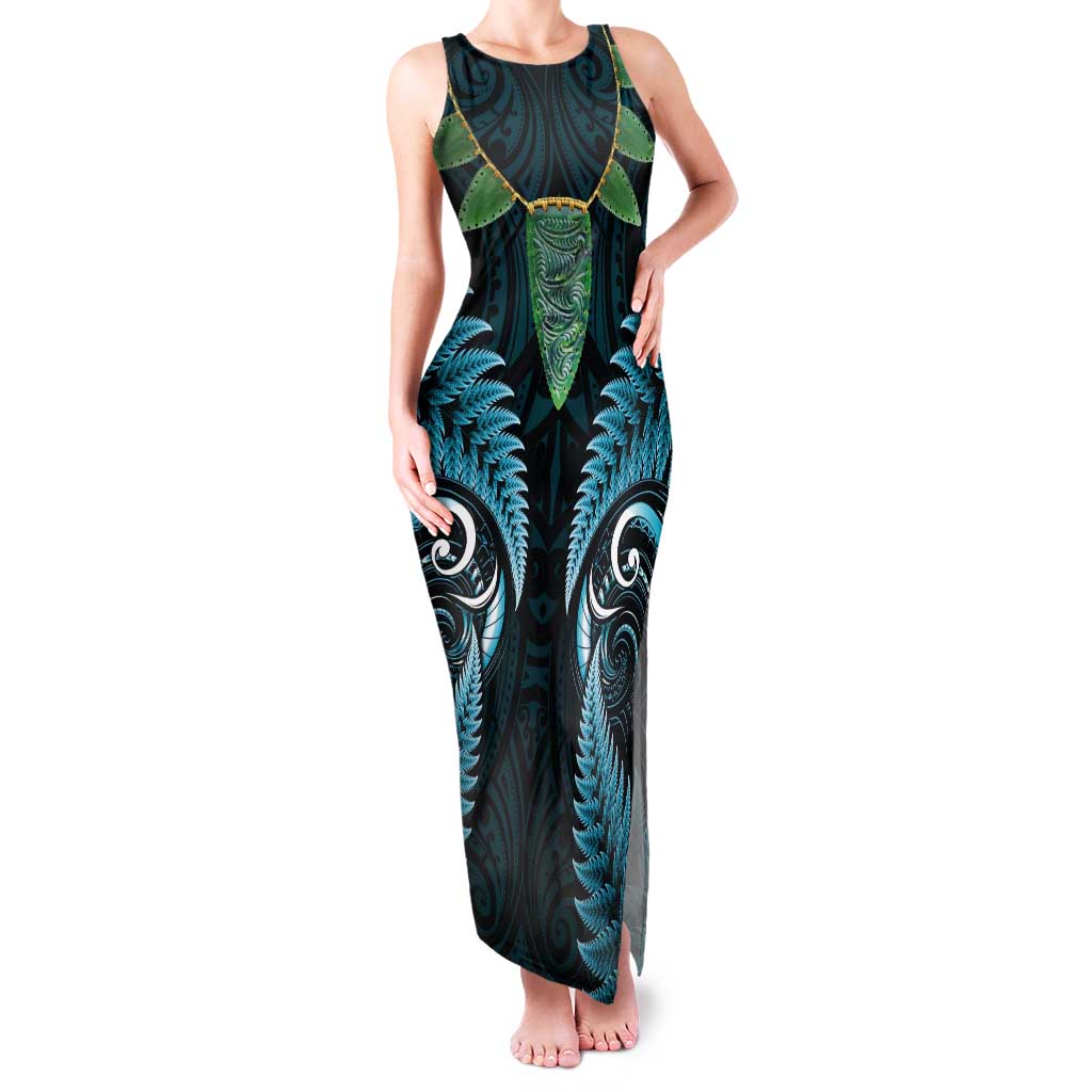 Aotearoa Pounamu Niho Tank Maxi Dress Silver Fern Mix Maori Pattern - Turquoise