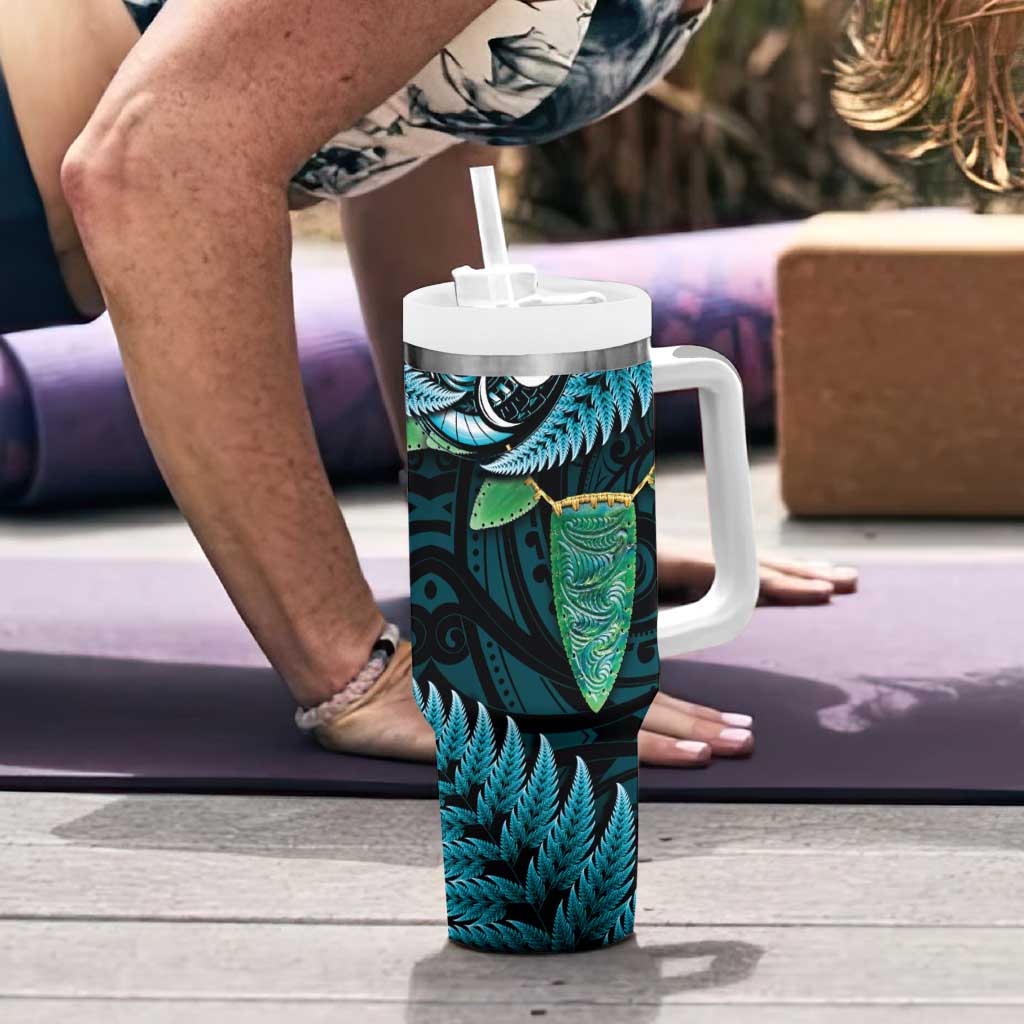 Aotearoa Pounamu Niho Tumbler With Handle Silver Fern Mix Maori Pattern - Turquoise LT14 - Polynesian Pride