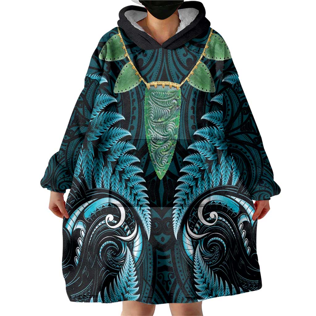 Aotearoa Pounamu Niho Wearable Blanket Hoodie Silver Fern Mix Maori Pattern - Turquoise