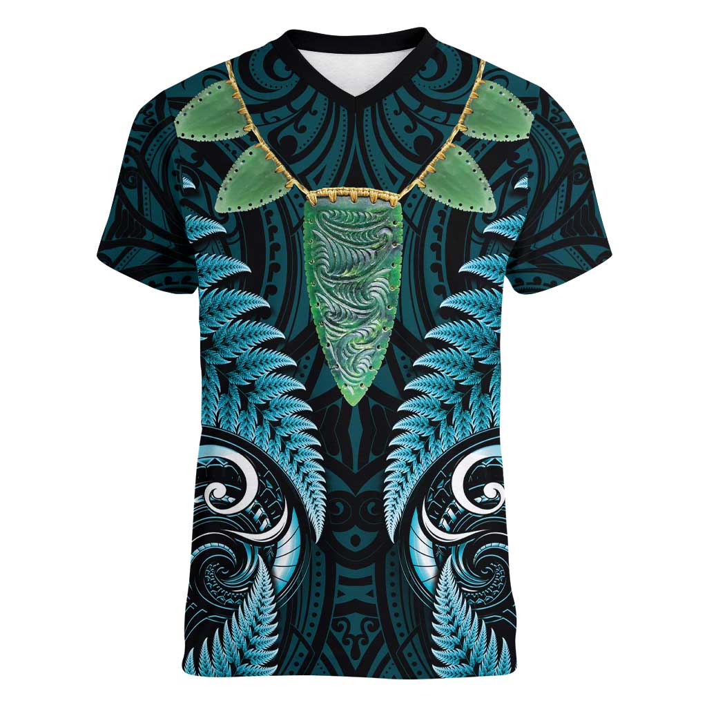 Aotearoa Pounamu Niho Women V-Neck T-Shirt Silver Fern Mix Maori Pattern - Turquoise