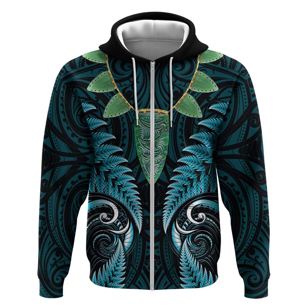 Aotearoa Pounamu Niho Zip Hoodie Silver Fern Mix Maori Pattern - Turquoise