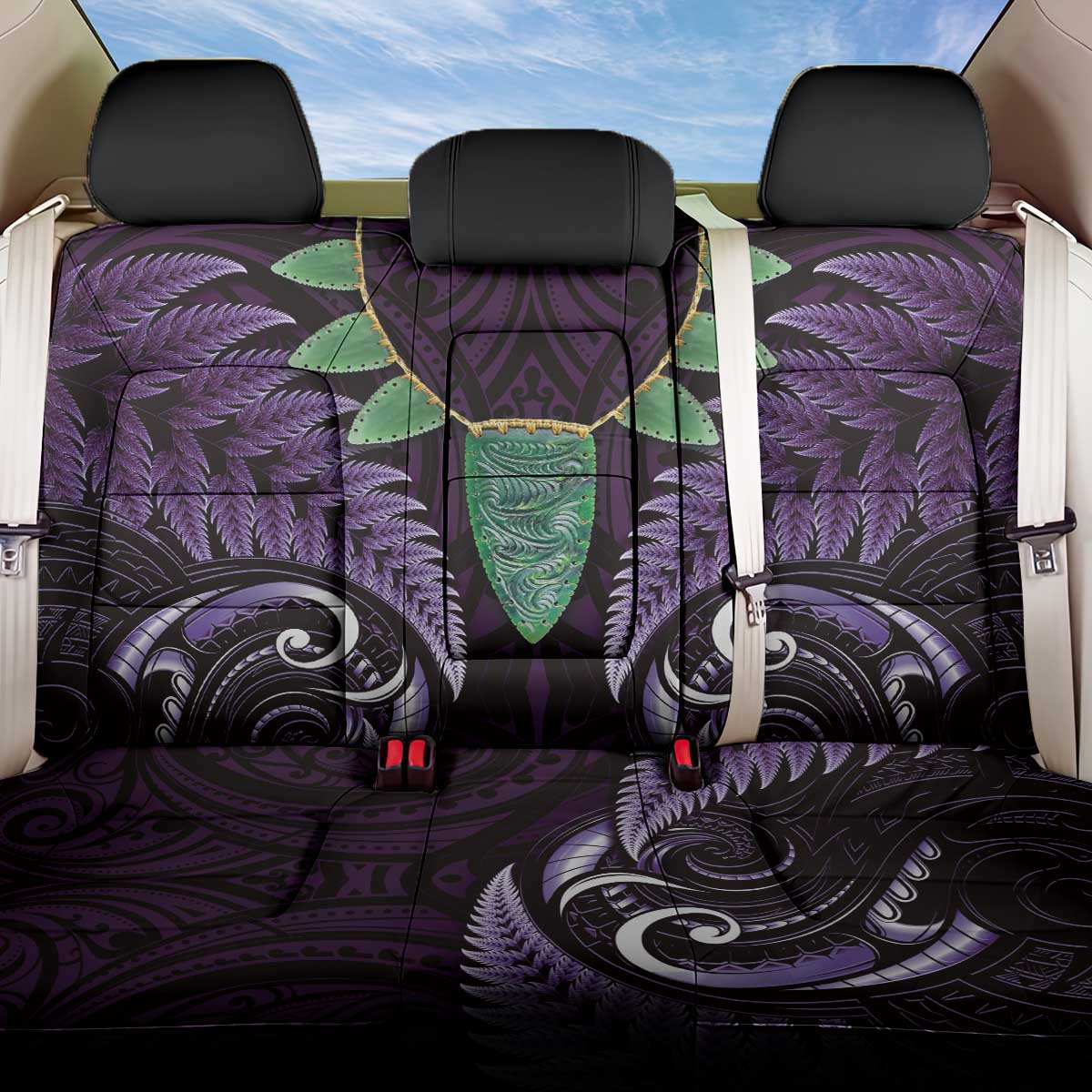 Aotearoa Pounamu Niho Back Car Seat Cover Silver Fern Mix Maori Pattern - Purple