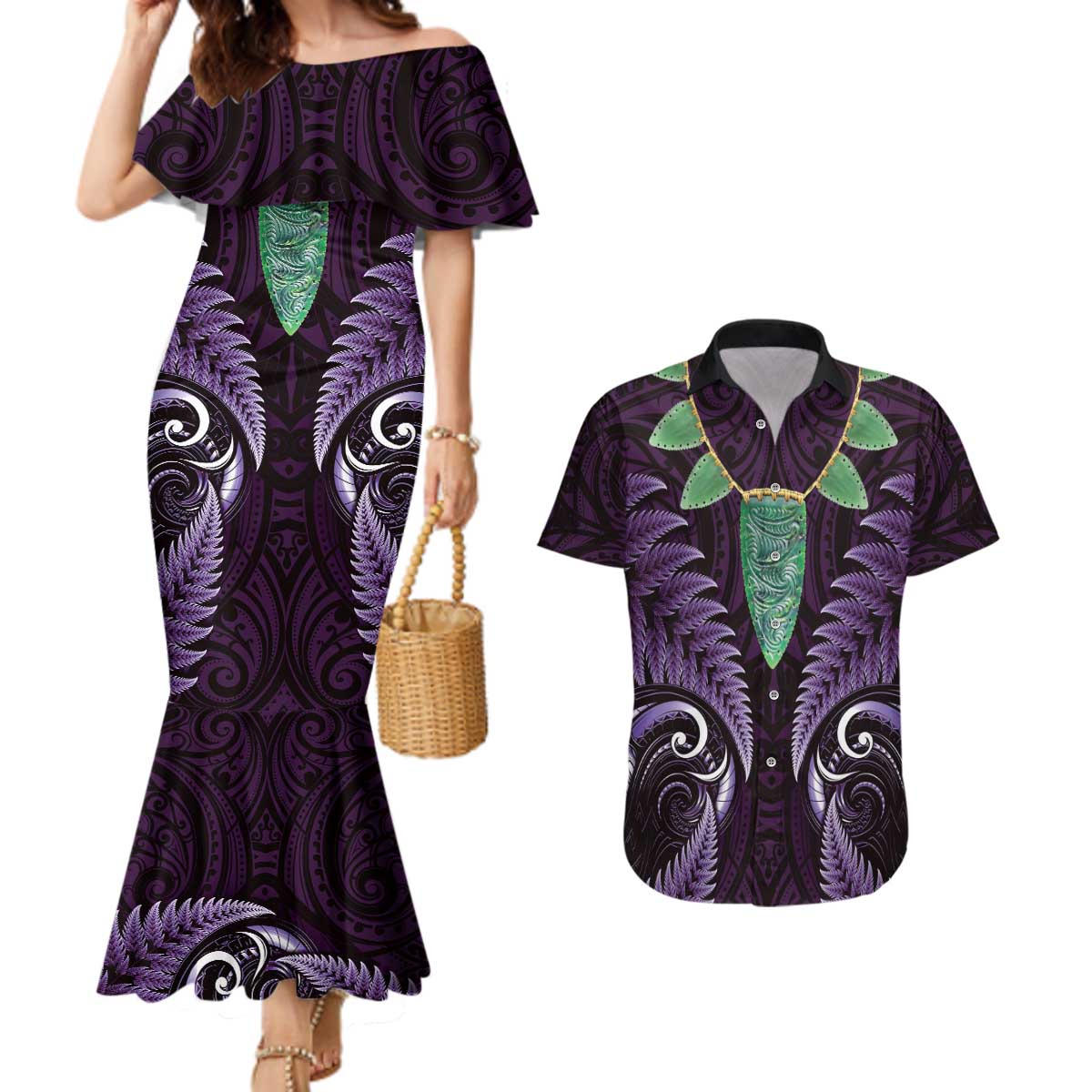 Aotearoa Pounamu Niho Couples Matching Mermaid Dress and Hawaiian Shirt Silver Fern Mix Maori Pattern - Purple