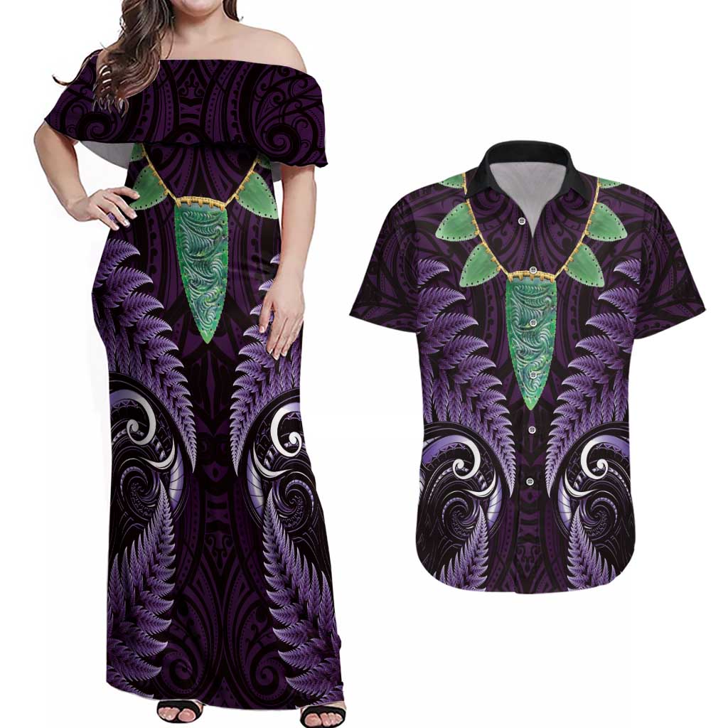 Aotearoa Pounamu Niho Couples Matching Off Shoulder Maxi Dress and Hawaiian Shirt Silver Fern Mix Maori Pattern - Purple LT14 Purple - Polynesian Pride
