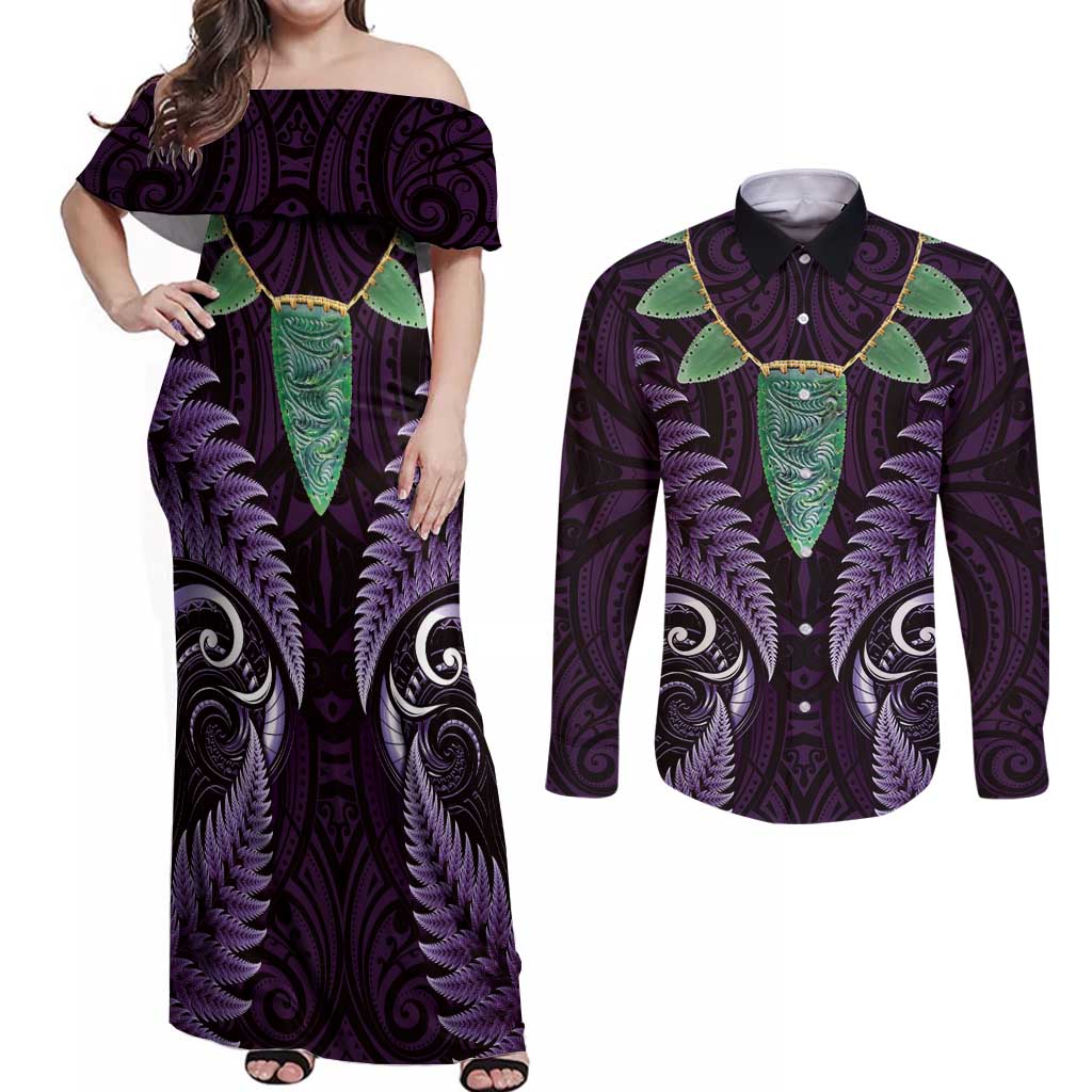 Aotearoa Pounamu Niho Couples Matching Off Shoulder Maxi Dress and Long Sleeve Button Shirt Silver Fern Mix Maori Pattern - Purple