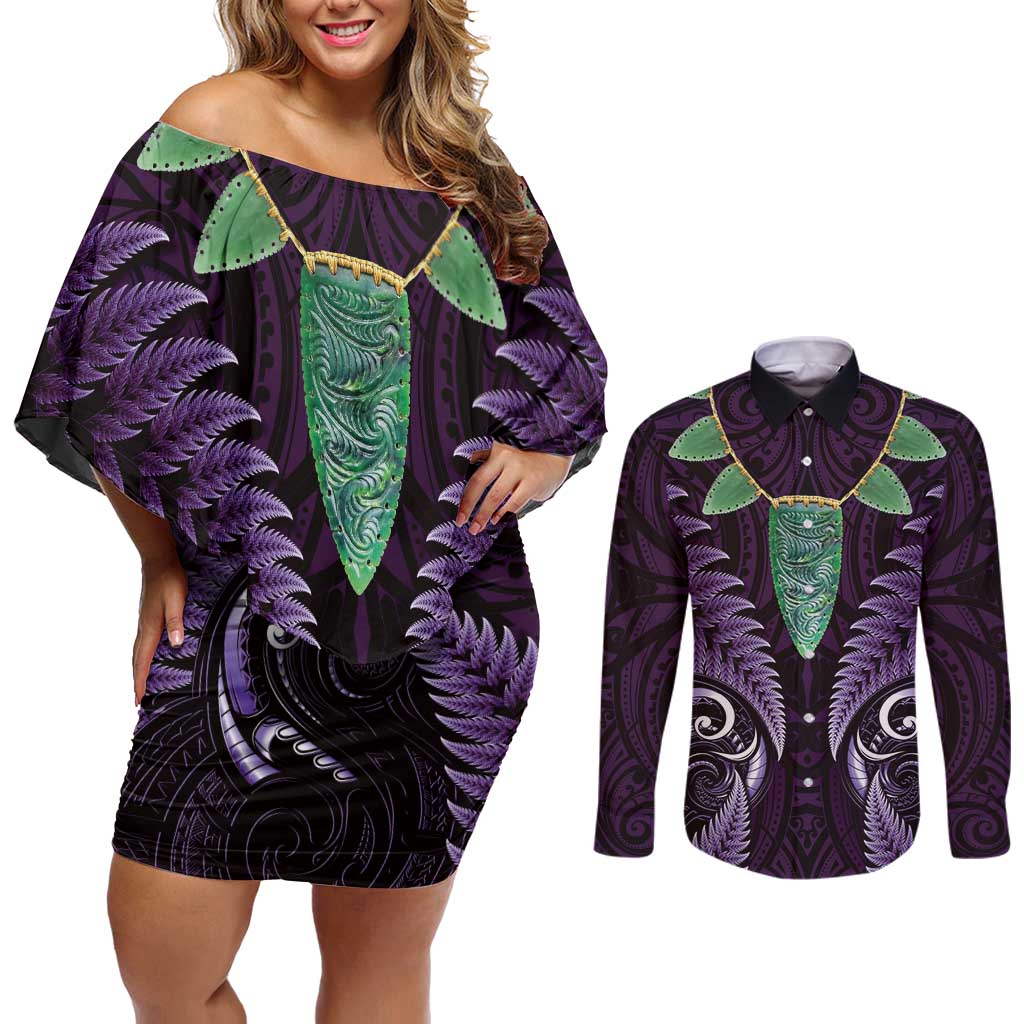 Aotearoa Pounamu Niho Couples Matching Off Shoulder Short Dress and Long Sleeve Button Shirt Silver Fern Mix Maori Pattern - Purple