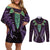 Aotearoa Pounamu Niho Couples Matching Off Shoulder Short Dress and Long Sleeve Button Shirt Silver Fern Mix Maori Pattern - Purple