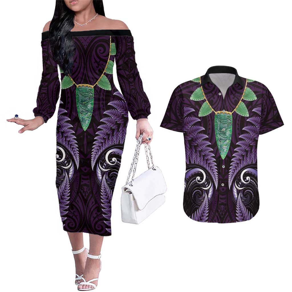 Aotearoa Pounamu Niho Couples Matching Off The Shoulder Long Sleeve Dress and Hawaiian Shirt Silver Fern Mix Maori Pattern - Purple