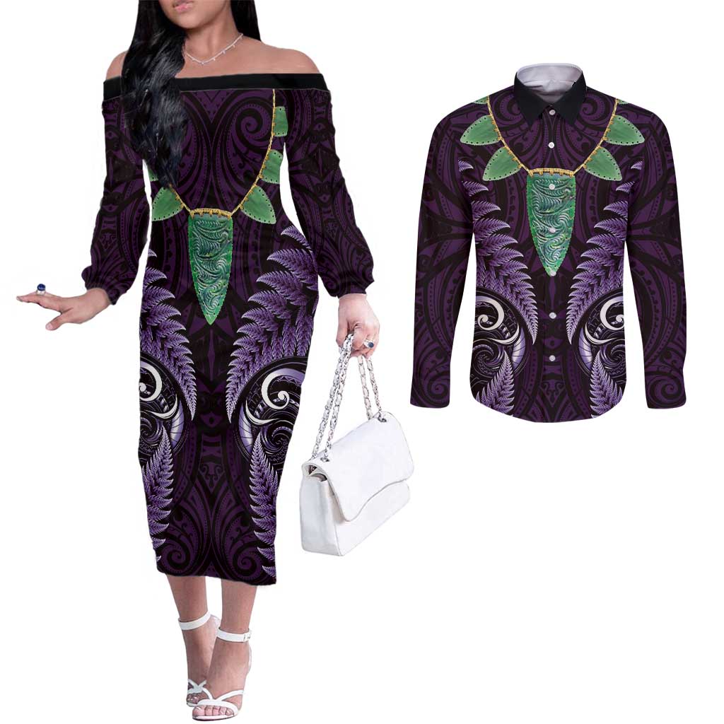 Aotearoa Pounamu Niho Couples Matching Off The Shoulder Long Sleeve Dress and Long Sleeve Button Shirt Silver Fern Mix Maori Pattern - Purple