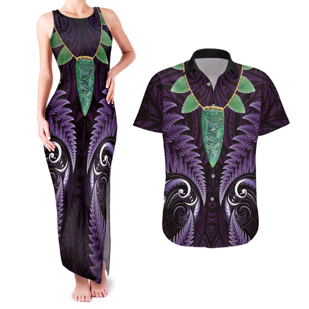 Aotearoa Pounamu Niho Couples Matching Tank Maxi Dress and Hawaiian Shirt Silver Fern Mix Maori Pattern - Purple