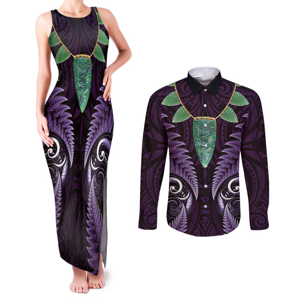 Aotearoa Pounamu Niho Couples Matching Tank Maxi Dress and Long Sleeve Button Shirt Silver Fern Mix Maori Pattern - Purple