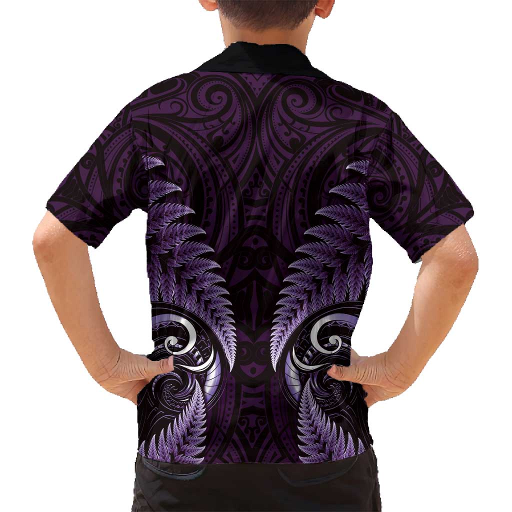 Aotearoa Pounamu Niho Family Matching Long Sleeve Bodycon Dress and Hawaiian Shirt Silver Fern Mix Maori Pattern - Purple LT14 - Polynesian Pride